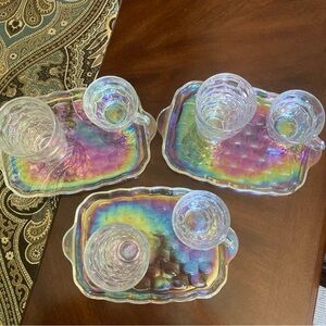 3 vintage iridescent snack sets - tray, cup& tumbler
